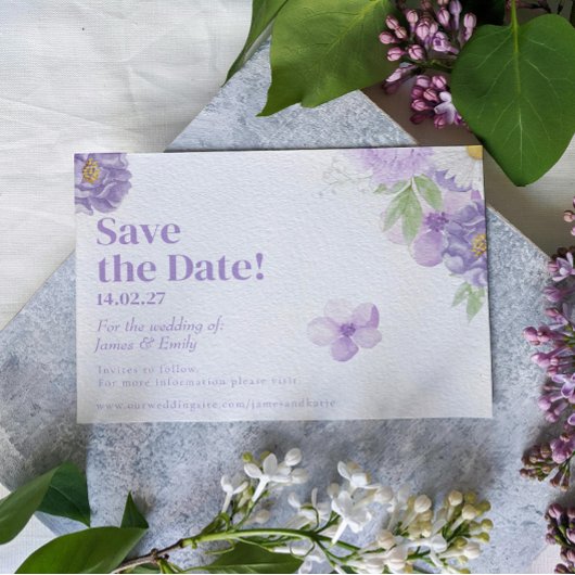 Lila "Peonies Romance Save the Date Card"
