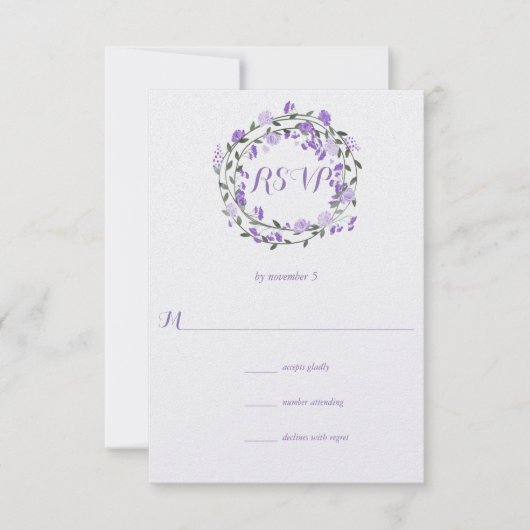 Lila Peony Floral Wreath Wedding RSVP Karte (Vorderseite)