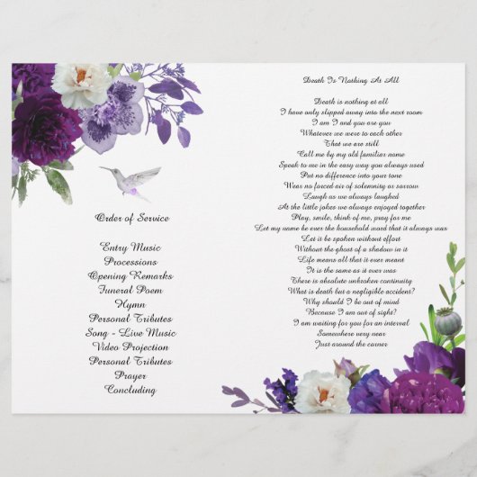 Lila Peony Hummingbird-Beerdigungsprogramm Flyer (Hinten)
