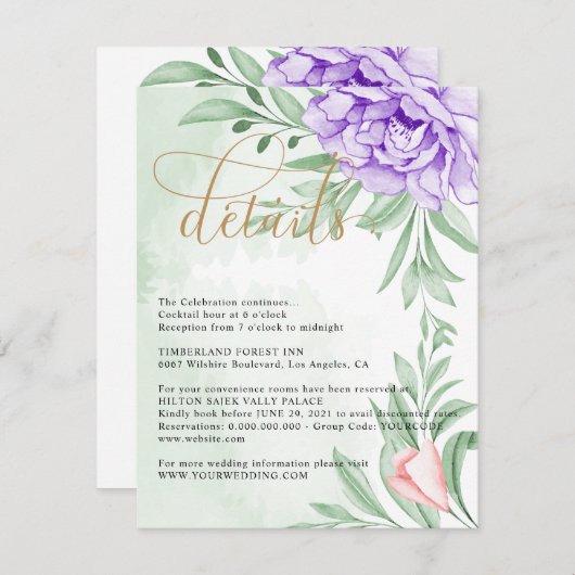 Lila Peony Rose Grüne Blätter Hochzeiten Details Begleitkarte (Vorne/Hinten)