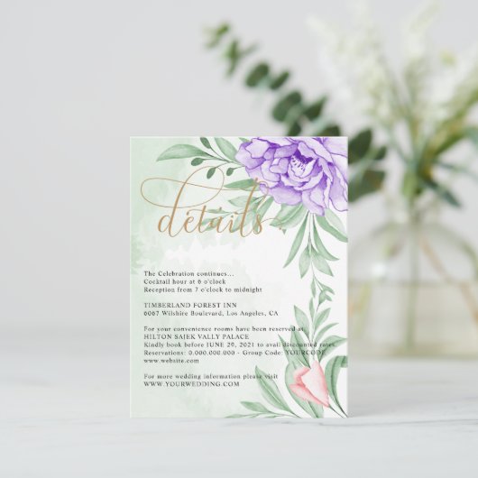 Lila Peony Rose Grüne Blätter Hochzeiten Details Begleitkarte (Stehend Vorderseite)