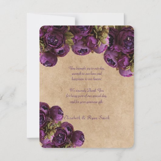 Lila Peony, rustikales Papier, Hochzeit danke (Rückseite)