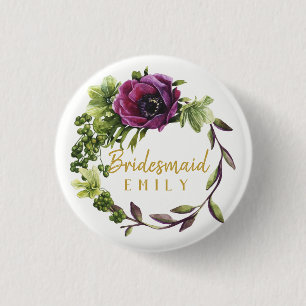 Lila Peony Wreath Bridesmaid Name ID456 Button