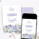Lila Peri Girly Floral Mis Quince Save The Date<br><div class="desc">Quinceanera Save the Date Karte (oder bearbeiten Sie, um Anzug jeder anderen Gelegenheit). Aquarellfarbenes Blumendesign mit Blume in lila lila Lavendelblau. Elegante moderne Formulierung und mädchenhaft, luftig. Bitte stöbern Sie in meiner Lila Peri Floral-Kollektion, um Büromaterial und die tägliche Dekoration zu koordinieren oder schreiben Sie mir, um die Vorlagen zu...</div>