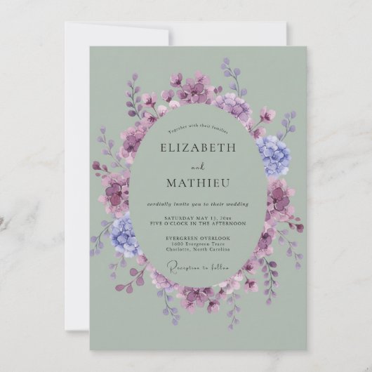 Lila Periwinkle Kranz Hochzeit Einladung (Vorderseite)