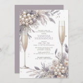 Lila Perlen und Prosecco-Brautparty Einladung (Vorne/Hinten)