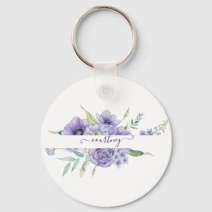 Lila personalisierte Aquarell-Blumen Schlüsselanhänger