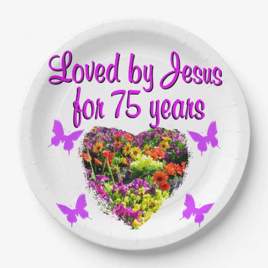 LILA PERSONALISIERTE FLORALE 75. GEBURTSTAG DESIGN PAPPTELLER (Vorderseite)
