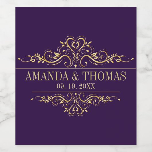 Lila Personalisierte Hochzeit in eleganten Rahmen Weinetikett (Einzelnes Label)