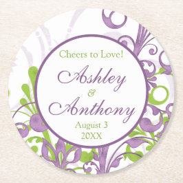 Lila Personalisierte Hochzeit mit grüner Blüte Runder Pappuntersetzer