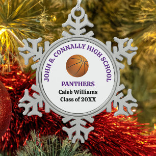 Lila personalisierter Basketballspieler der High S Schneeflocken Zinn-Ornament
