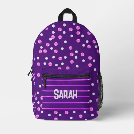 Lila Personalisierter rosa und grauer Polka-Punkt Bedruckter Rucksack (Vorderseite)