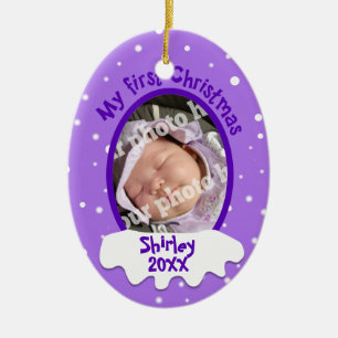 Lila personalisiertes Foto des Babys erstes Keramik Ornament