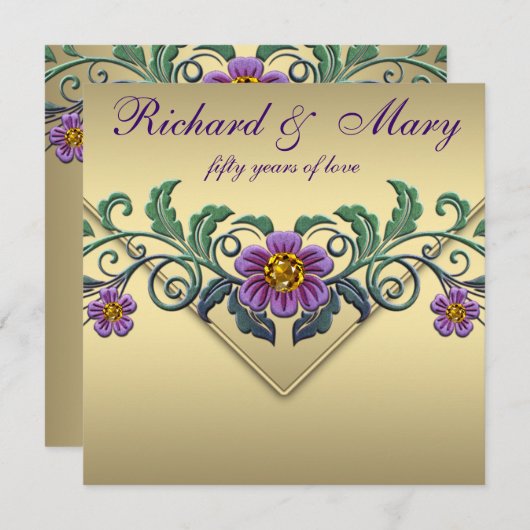 Lila Petunia Gold 50. Hochzeitstag Einladung (Vorne/Hinten)