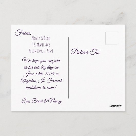 Lila Petunia Hochzeit speichern Sie das Datum Postkarte (Rückseite)