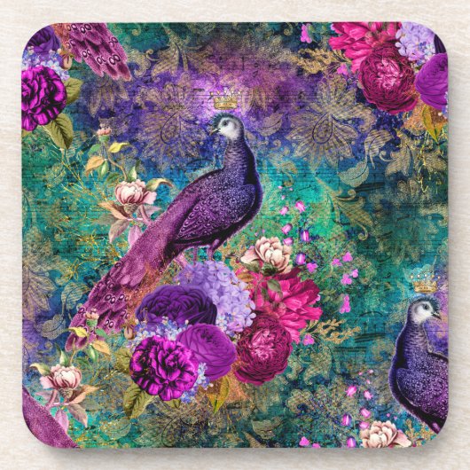 Lila Pfau mit Blume Getränkeuntersetzer (Vorderseite)