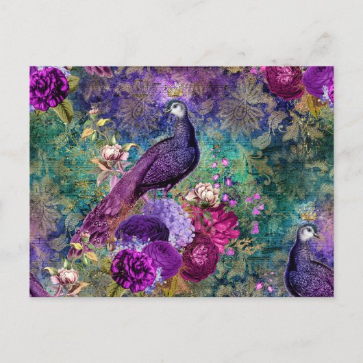 Lila Pfau mit Blume Postkarte (Vorderseite)
