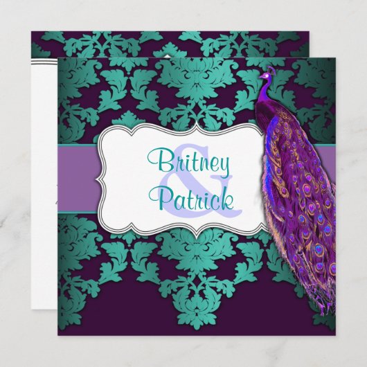 Lila Pfau u. aquamarine Einladung (Vorne/Hinten)