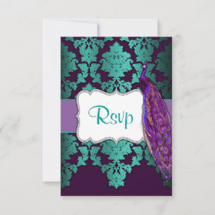 Lila Pfau- und Aquamarine Damask-RSVP-Karten RSVP Karte