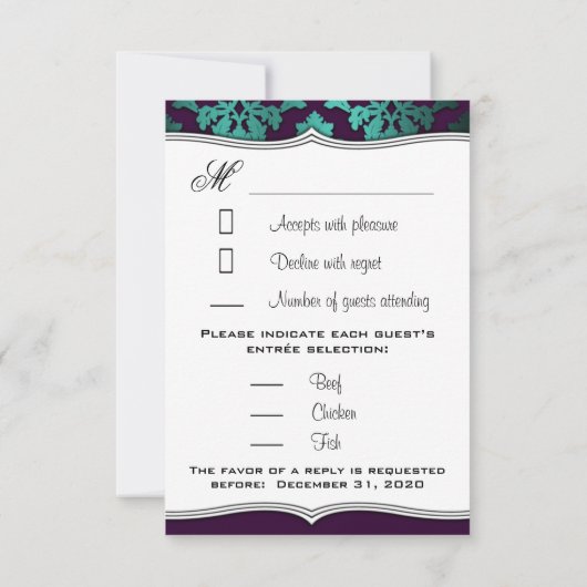 Lila Pfau- und Aquamarine Damaskus-Hochzeitskarten RSVP Karte (Rückseite)