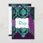 Lila Pfau- und Aquamarine Damaskus-Hochzeitskarten RSVP Karte (Vorne/Hinten)
