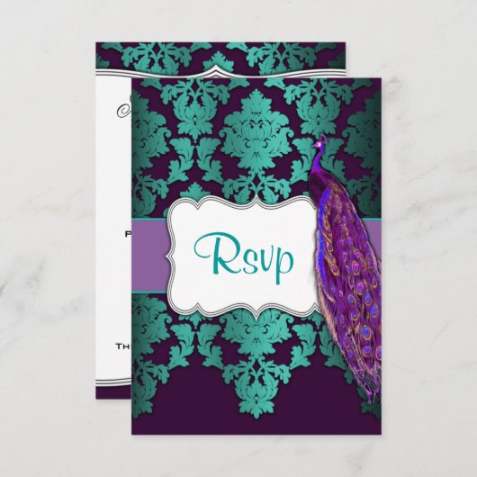 Lila Pfau- und Aquamarine Damaskus-Hochzeitskarten RSVP Karte (Vorne/Hinten)