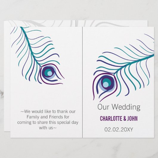 lila Pfauenbündchen-Hochzeitsprogramm (Vorne/Hinten)