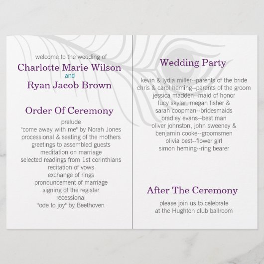 lila Pfauenbündchen-Hochzeitsprogramm (Rückseite)