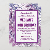 Lila Pfauenfeathers Geburtstagsparty Einladungen (Vorne/Hinten)