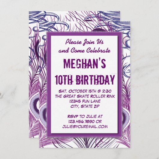 Lila Pfauenfeathers Geburtstagsparty Einladungen (Vorne/Hinten)