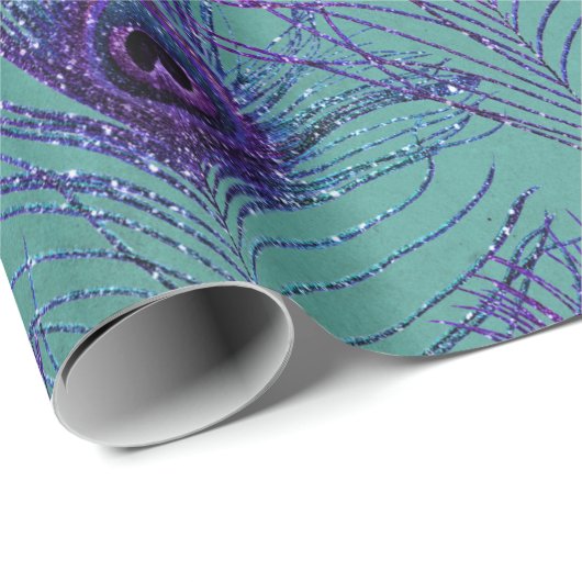 Lila Pfauenfedern auf Aquamarinen Geschenkpapier (Rolleneckpunkt)