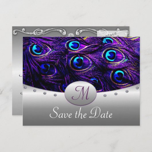Lila PfauenWedding speichert die Datumskarten Ankündigungspostkarte (Vorne/Hinten)