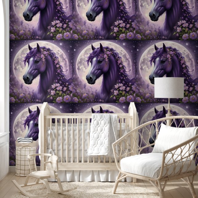 Lila Pferd mit Mond und Blume, Tapete (Kinder)