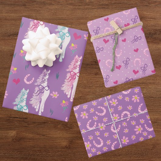 Lila Pferdebogen-Muster-Wrap-Schalen Geschenkpapier Set