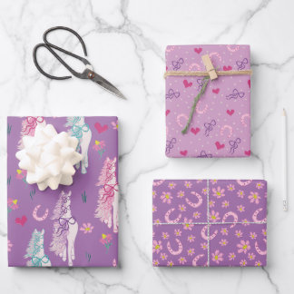 Lila Pferdeliebhaber Mädchen Muster Geschenkpapier Set