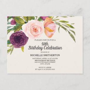 Lila Pfirsich-Aquarell-Blumen Elfenbein 50. Geburt Postkarte
