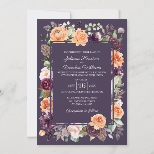 Lila Pfirsich Flora Hochzeit im Herbst Einladung (Vorderseite)