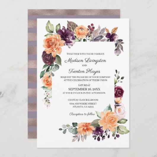 Lila Pfirsich Flora Hochzeit im Herbst Einladung (Vorne/Hinten)