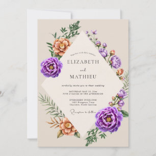 Lila Pfirsich-Ranunculus-Staub-Eukalyptus-Hochzeit Einladung