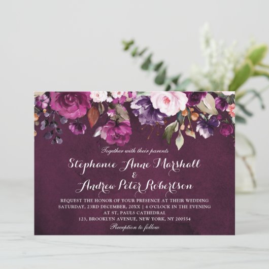 Lila Pflaume Burgund Wasserfarbenflora rustikal Einladung (Stehend Vorderseite)