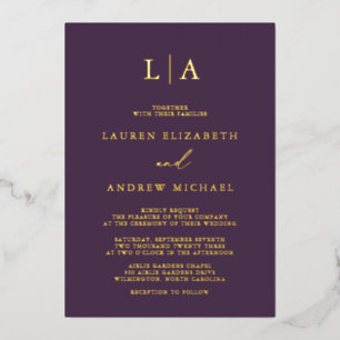 Lila Pflaume Goldfolie Monogramm Minimalistische H Folieneinladung