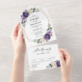 Lila Pflaume Ivory Gold Floral Geometric Wedding All In One Einladung