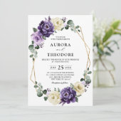 Lila Pflaume Ivory Gold Floral Geometric Wedding Einladung (Stehend Vorderseite)