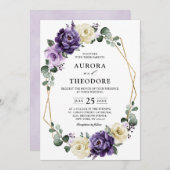 Lila Pflaume Ivory Gold Floral Geometric Wedding Einladung (Vorne/Hinten)