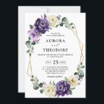 Lila Pflaume Ivory Gold Floral Geometric Wedding Einladung<br><div class="desc">Eine elegante und moderne Blumenzettel im Hochzeitsommer lädt zum Verweilen ein. Ein Bouquet von Rose in Aquarelltönen in lila Pflaumen, staubige Rose, staubige Rosa, Elfenbein, Salbei mit üppig grünen botanischen Blätter und Eukalyptus mit goldenem geometrischem Hintergrund. Weitere passende Designs und Variationen finden Sie in meinem "Blitzweddingpaperie" Shop. Und zögern Sie...</div>
