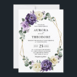 Lila Pflaume Ivory Gold Floral Geometric Wedding Einladung<br><div class="desc">Eine elegante und moderne Blumenzettel im Hochzeitsommer lädt zum Verweilen ein. Ein Bouquet von Rose in Aquarelltönen in lila Pflaumen, staubige Rose, staubige Rosa, Elfenbein, Salbei mit üppig grünen botanischen Blätter und Eukalyptus mit goldenem geometrischem Hintergrund. Weitere passende Designs und Variationen finden Sie in meinem "Blitzweddingpaperie" Shop. Und zögern Sie...</div>