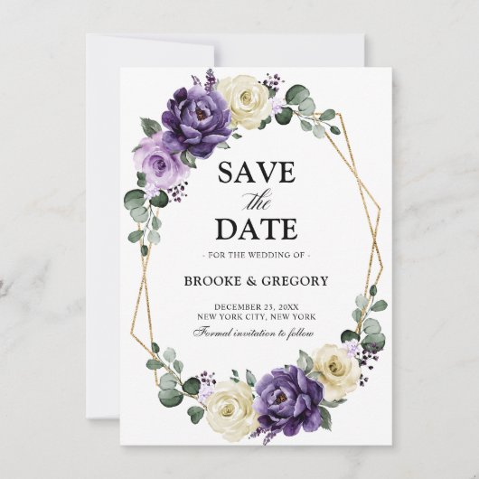 Lila Pflaume Ivory Gold Geometric Save the Date (Vorderseite)