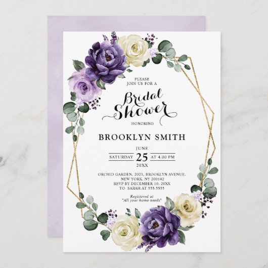 Lila Pflaume Ivory Gold Geometrisches Brautparty Einladung (Vorne/Hinten)