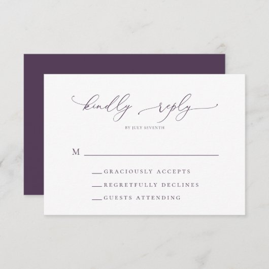 Lila Pflaume Minimalistisch Moderne Hochzeitssonde RSVP Karte (Vorne/Hinten)