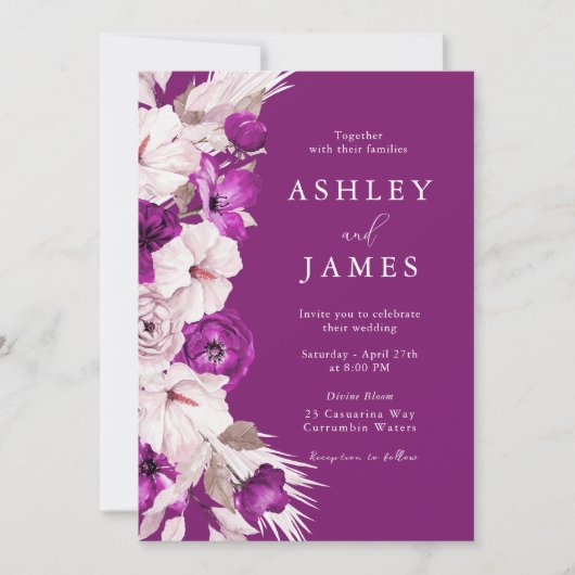 Lila Pflaume- und Wasserfarbenhochzeit Einladung (Vorderseite)